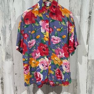 EXPRESS Vintage Floral Silk Oversized Shirt Sleeve Blouse Size XS